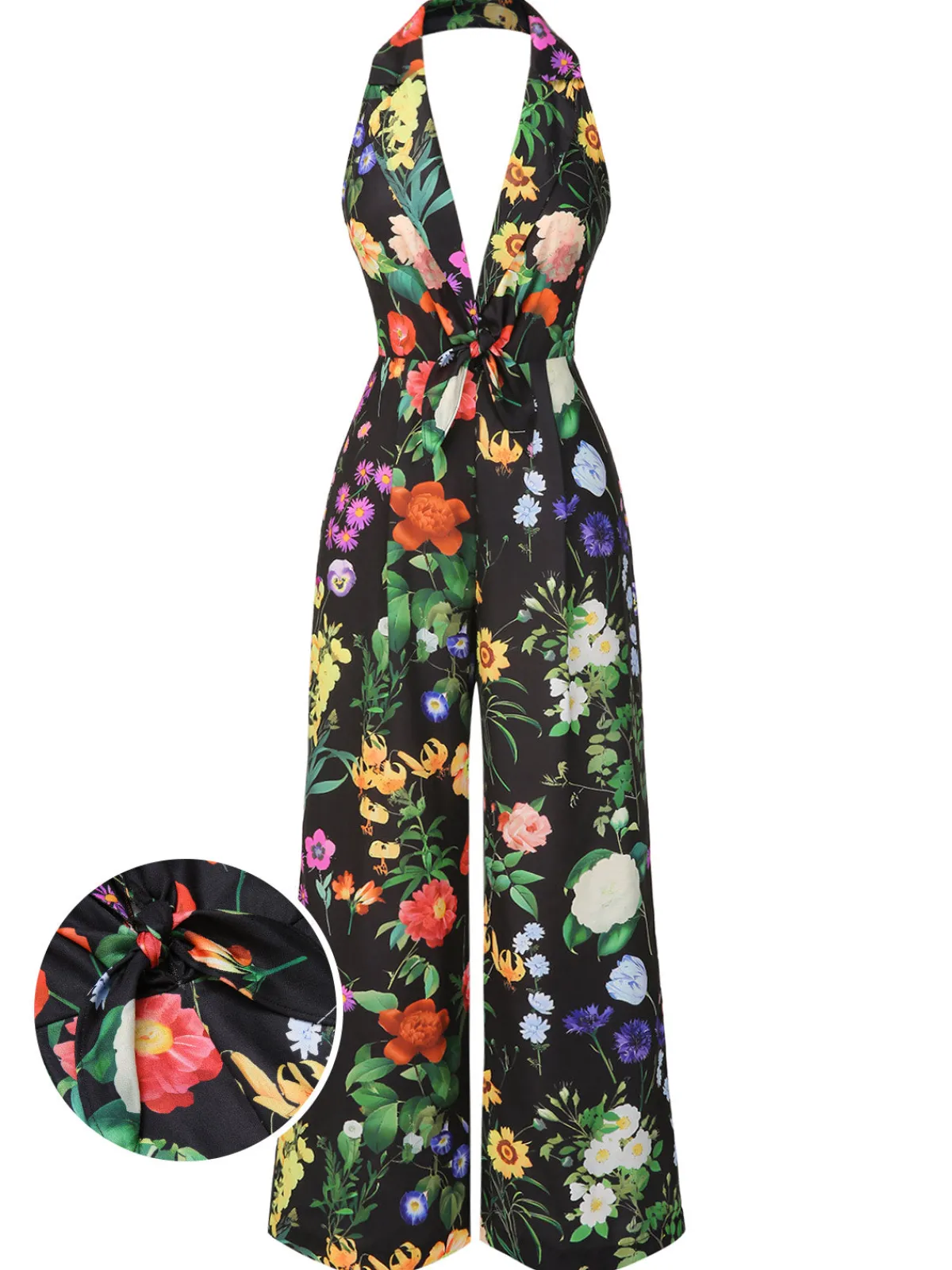 Clearance Retro Stage 1930s Floral V-Neck Halter Jumpsuit Black