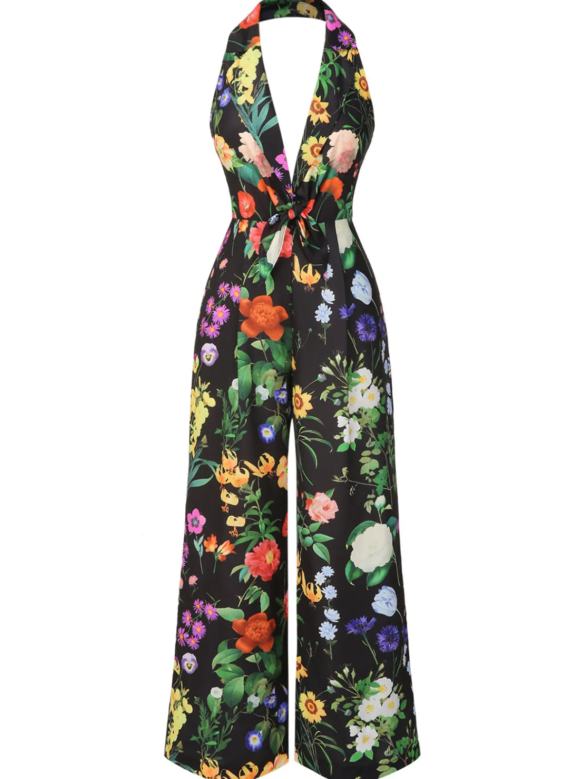 Clearance Retro Stage 1930s Floral V-Neck Halter Jumpsuit Black