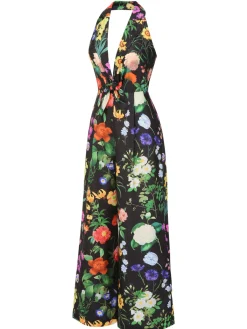 Clearance Retro Stage 1930s Floral V-Neck Halter Jumpsuit Black