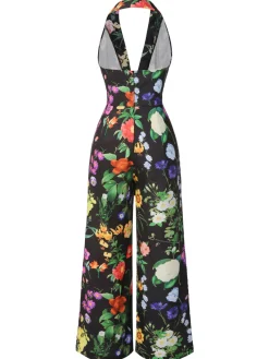 Clearance Retro Stage 1930s Floral V-Neck Halter Jumpsuit Black