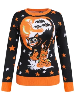 Outlet Retro Stage 1950s Funny Halloween Cat Sweater Black