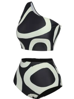 Sale Retro Stage 1950s Geometric One-Shoulder Swimsuit Black