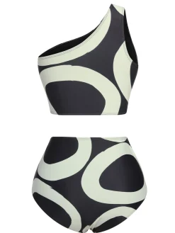Sale Retro Stage 1950s Geometric One-Shoulder Swimsuit Black