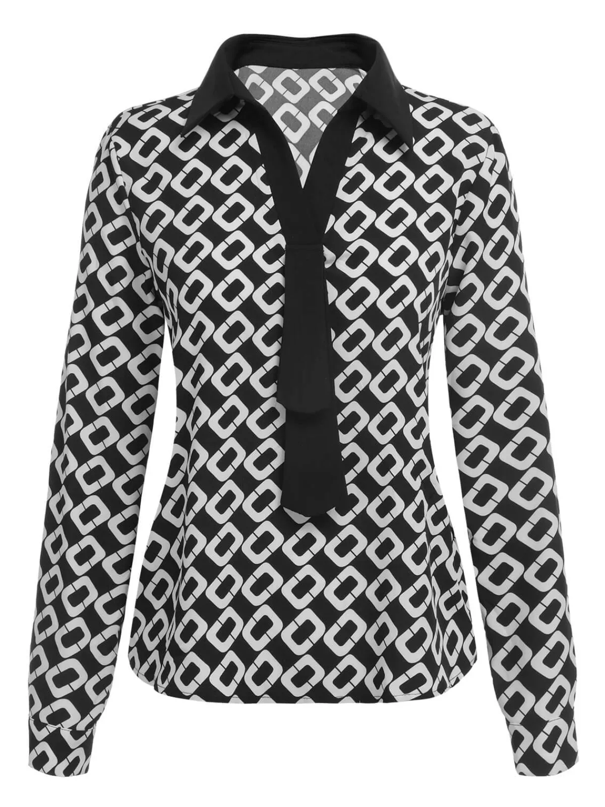Best Retro Stage 1940s Geometric Patchwork Ribbon Blouse Black