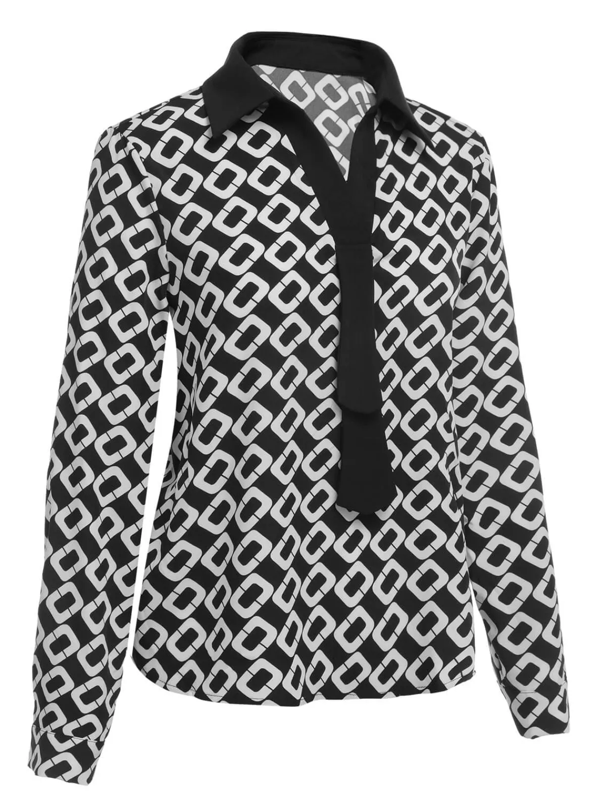 Best Retro Stage 1940s Geometric Patchwork Ribbon Blouse Black