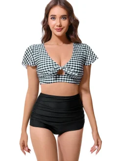 Clearance Retro Stage 1930s Gingham Plaid Bow Ruched Swimsuit Black