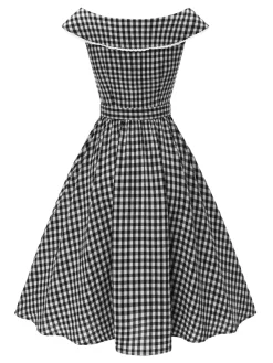 New Retro Stage 1950s Gingham Plaid Lace Trim Belted Dress Black