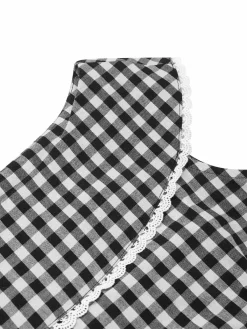 New Retro Stage 1950s Gingham Plaid Lace Trim Belted Dress Black