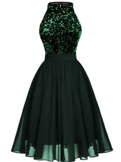 Fashion Retro Stage Black 1950s Gold Glitter Patchwork Dress