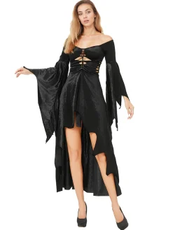 Online Retro Stage 1980s Gothic Hollow Out Flare Sleeves Dress Black
