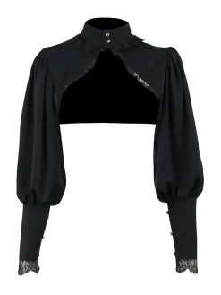 Online Retro Stage 1980s Gothic Lace Stand Collar Top Black