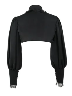 Online Retro Stage 1980s Gothic Lace Stand Collar Top Black