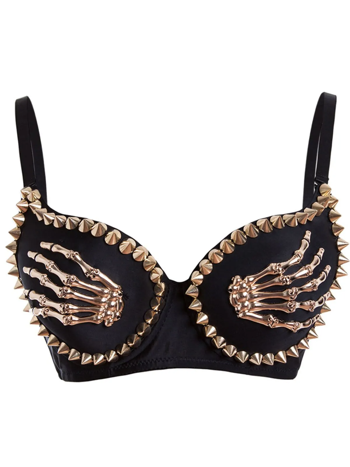 Fashion Retro Stage 1960s Gothic Punk Skeleton Hand Rivet Top Black