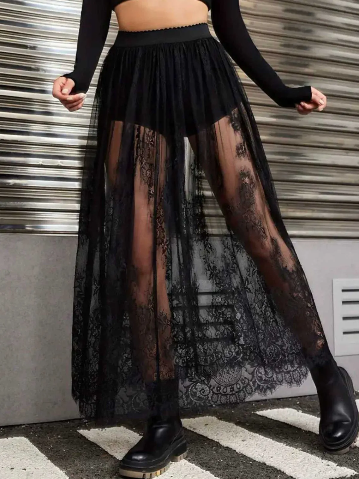 Outlet Retro Stage 1980s Gothic Sheer Lace Skirt Black