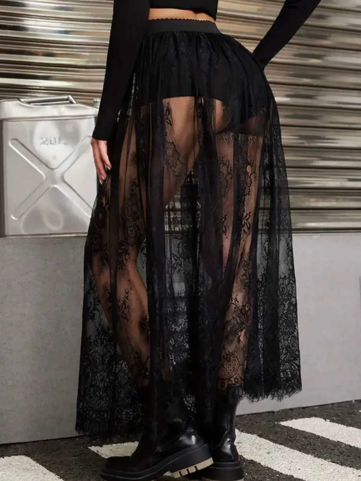 Outlet Retro Stage 1980s Gothic Sheer Lace Skirt Black