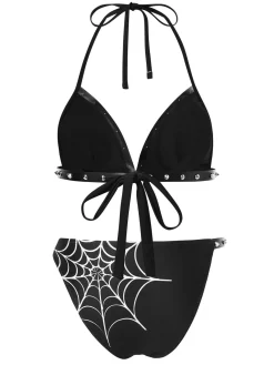 Online Retro Stage 1980s Gothic Spider Web Rivets Bikini Set Black