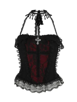 Clearance Retro Stage Black 1980s Gothic Steampunk Halter Lace Cross Camisole & Choker Black & Red
