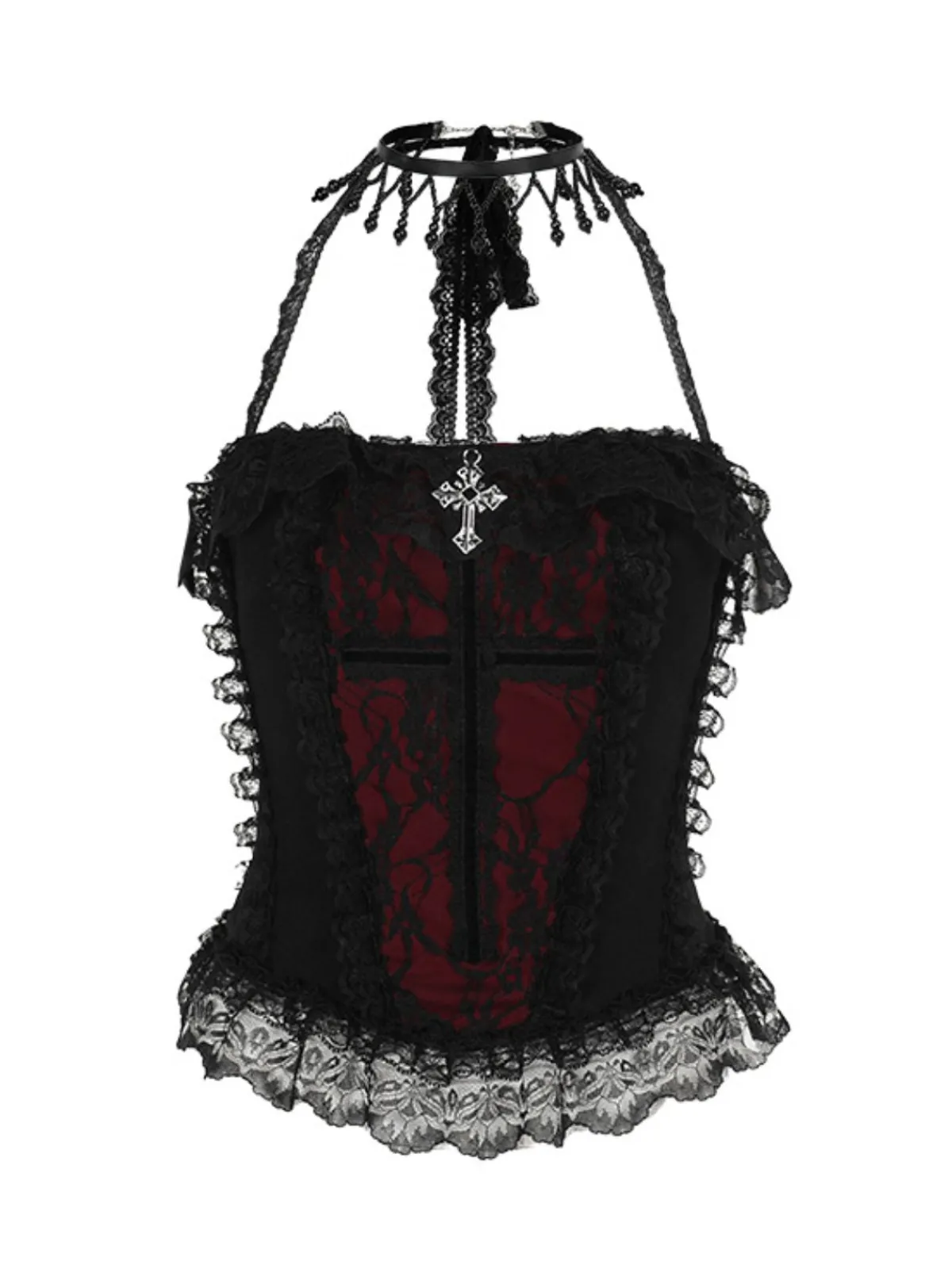 Clearance Retro Stage Black 1980s Gothic Steampunk Halter Lace Cross Camisole & Choker Black & Red