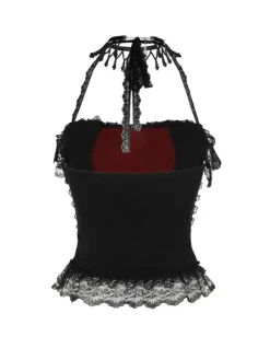 Clearance Retro Stage Black 1980s Gothic Steampunk Halter Lace Cross Camisole & Choker Black & Red