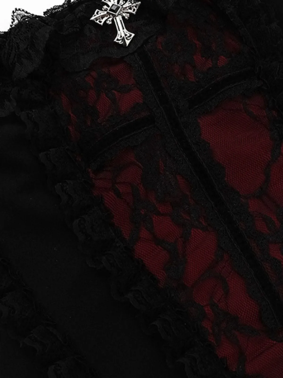 Clearance Retro Stage Black 1980s Gothic Steampunk Halter Lace Cross Camisole & Choker Black & Red