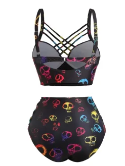 Discount Retro Stage 1980s Gothic Steampunk Skull Bikini Set Black