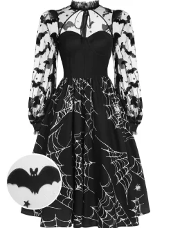Best Retro Stage 1950s Halloween Bat Mesh Sleeved Dress Black