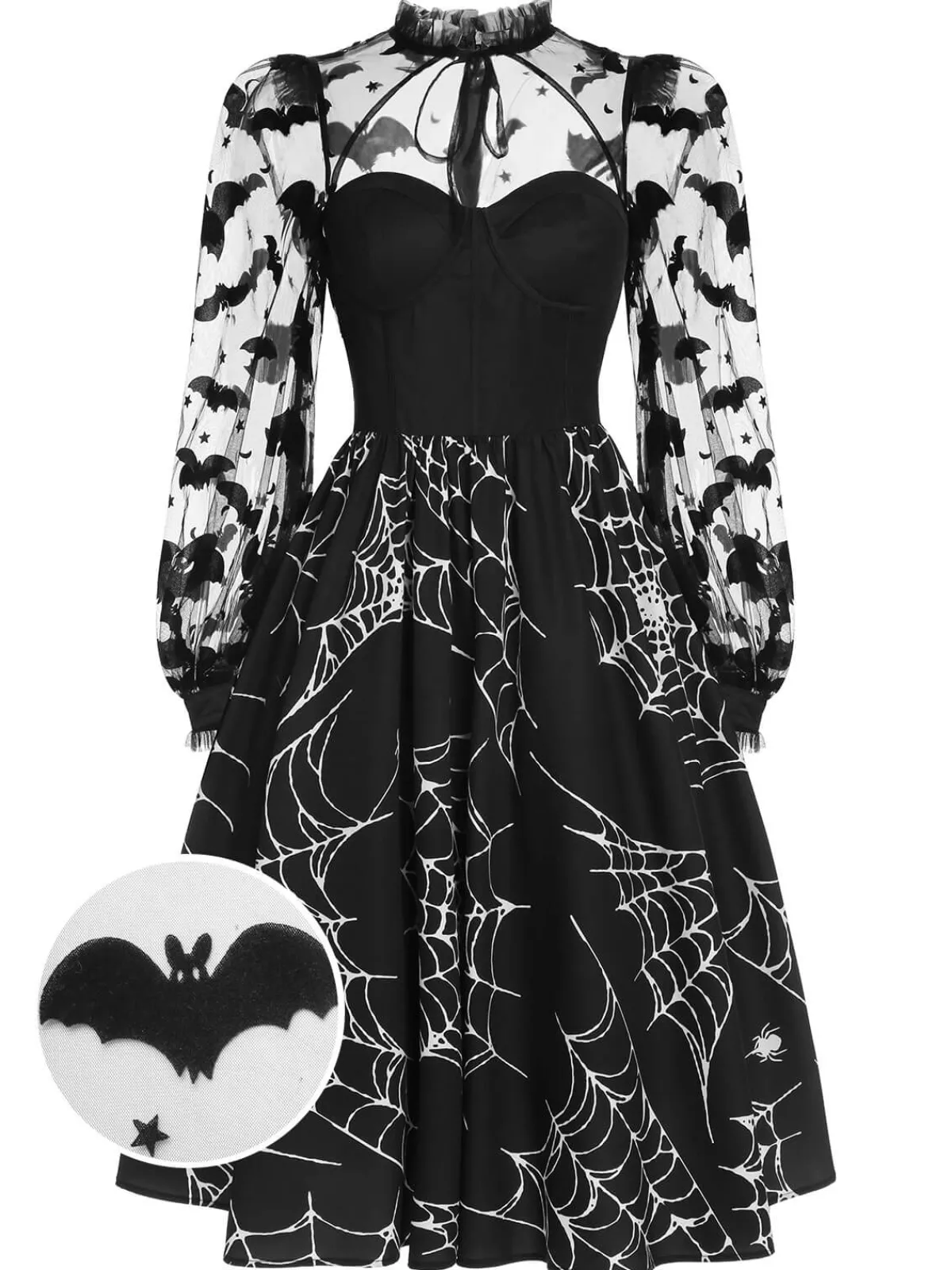 Best Retro Stage 1950s Halloween Bat Mesh Sleeved Dress Black