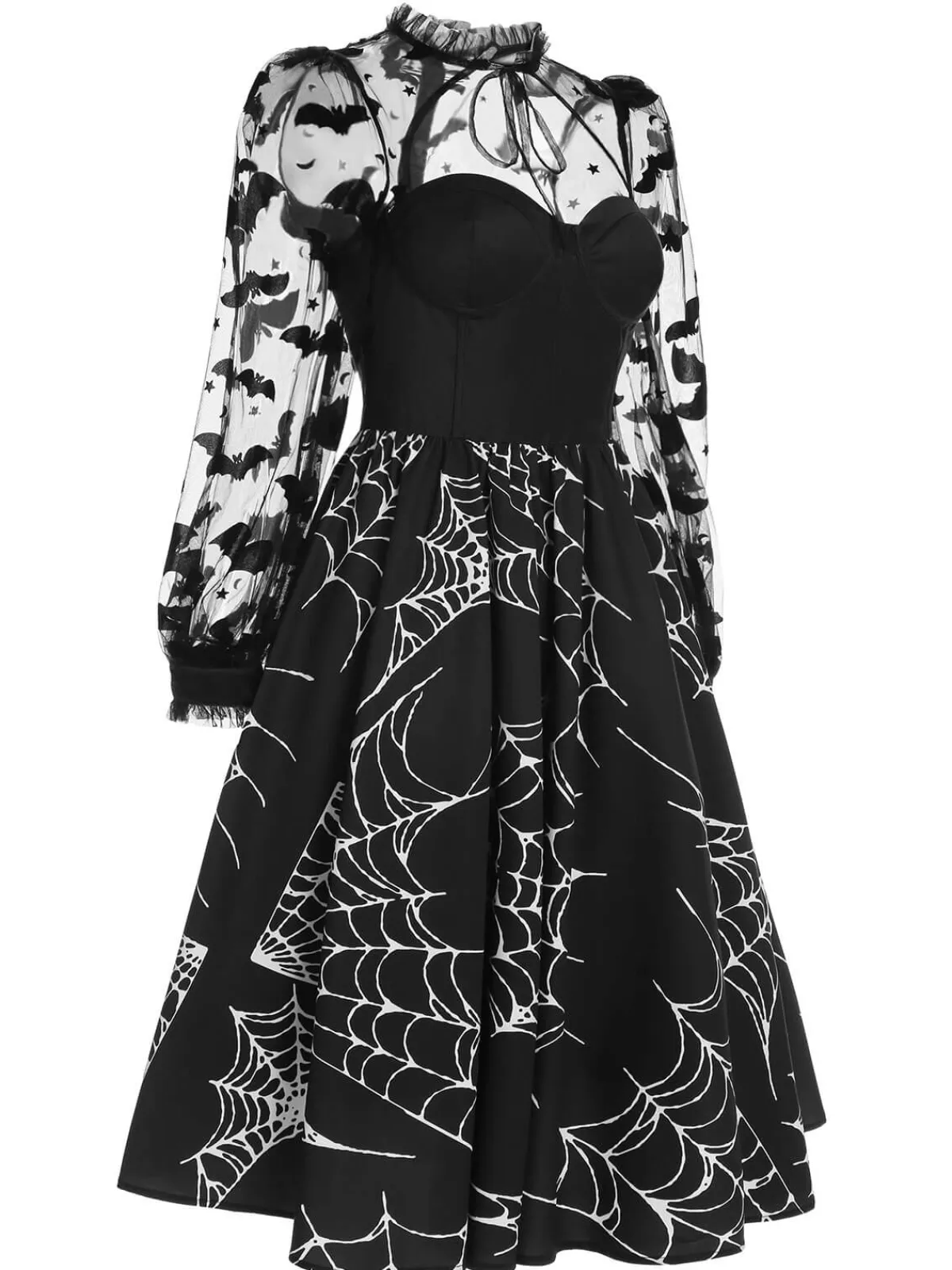 Best Retro Stage 1950s Halloween Bat Mesh Sleeved Dress Black
