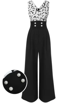 Hot Retro Stage 1930s Halloween Bat Patchwork Jumpsuit Black