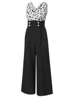 Hot Retro Stage 1930s Halloween Bat Patchwork Jumpsuit Black