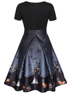 Online Retro Stage Black 1950s Halloween Button Dress