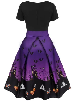 Online Retro Stage Black 1950s Halloween Button Dress