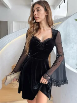 Sale Retro Stage 1970s Halloween Lace Bat Sleeves Dress Black