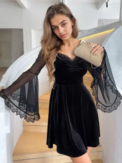 Sale Retro Stage 1970s Halloween Lace Bat Sleeves Dress Black