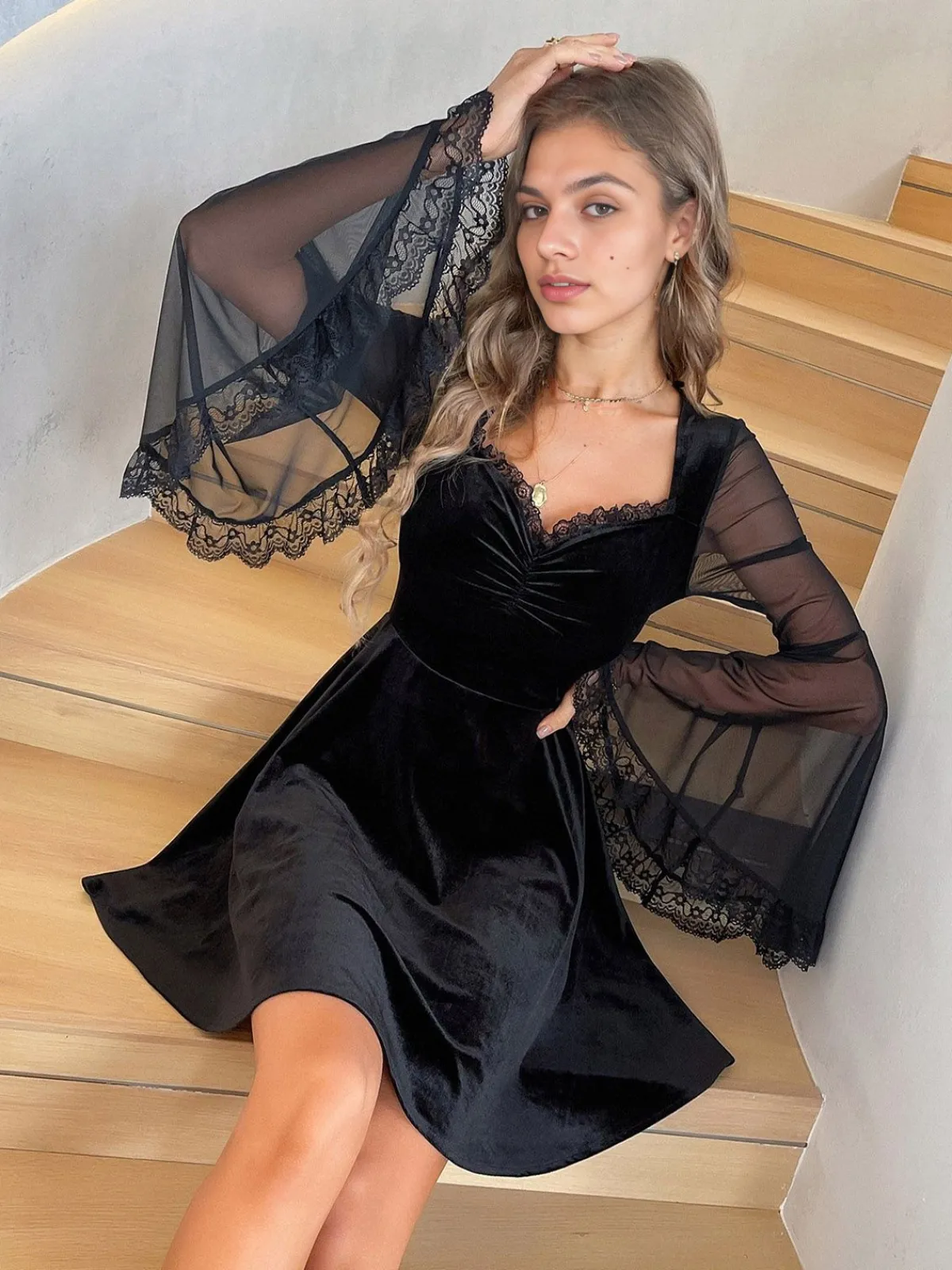 Sale Retro Stage 1970s Halloween Lace Bat Sleeves Dress Black
