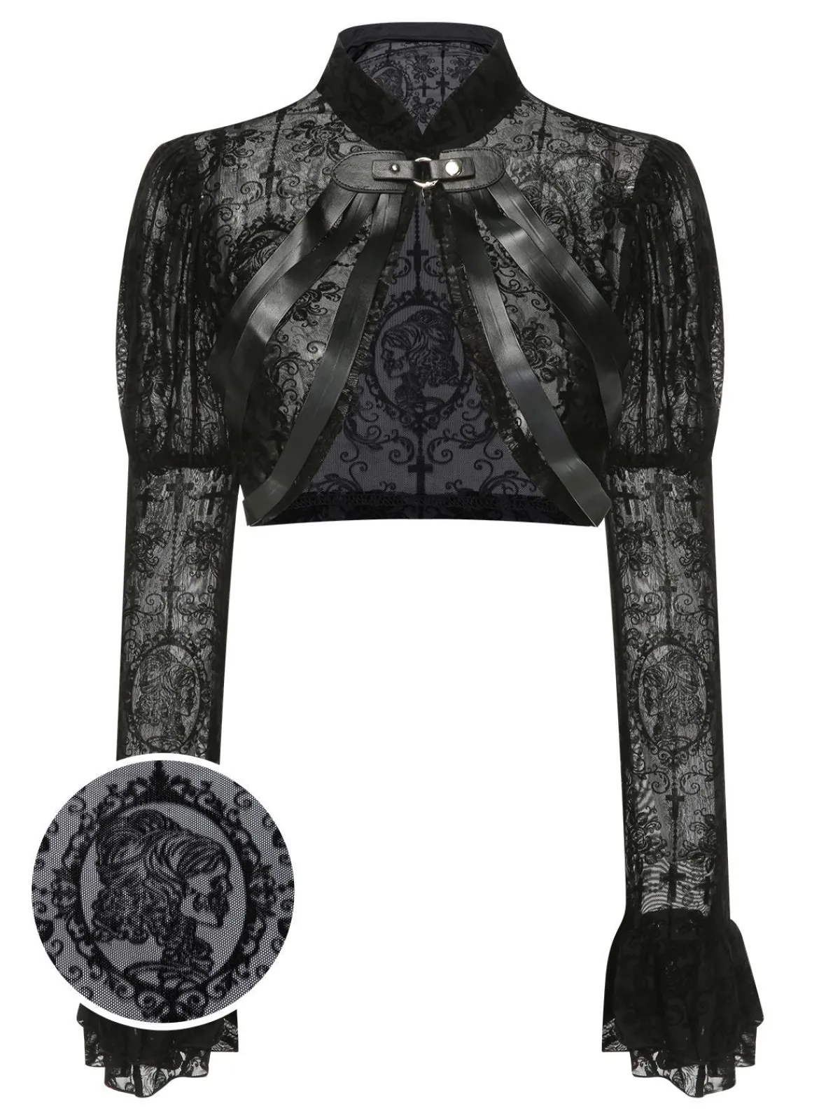 Clearance Retro Stage 1960s Halloween Lace Gothic Buckle Top Black