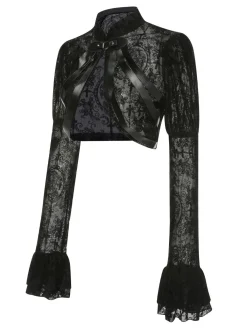 Clearance Retro Stage 1960s Halloween Lace Gothic Buckle Top Black