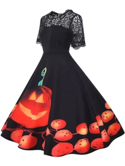 Hot Retro Stage 1950s Halloween Lace Sleeves Patchwork Dress Black