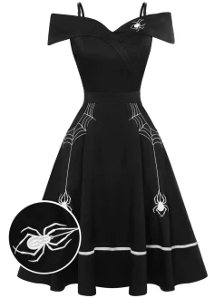 Clearance Retro Stage 1950s Halloween Off-Shoulder Spider Web Dress Black