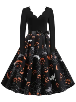 Sale Retro Stage 1950s Halloween Petal Collar Dress Black