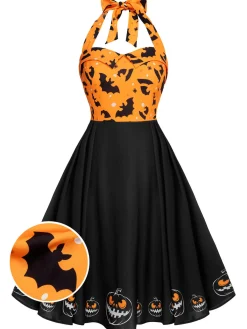 Clearance Retro Stage Black 1950s Halloween Pumpkin Bat Halter Dress Black & Orange