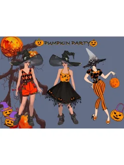 Clearance Retro Stage Black 1950s Halloween Pumpkin Bat Halter Dress Black & Orange