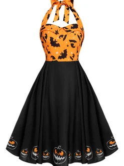 Clearance Retro Stage Black 1950s Halloween Pumpkin Bat Halter Dress Black & Orange