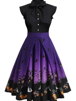 Best Retro Stage Black 1950s Halloween Pumpkin Patchwork Dress