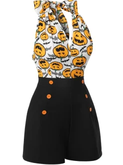 Hot Retro Stage 1950s Halloween Pumpkin Halter Romper Black