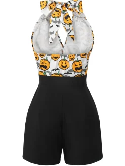 Hot Retro Stage 1950s Halloween Pumpkin Halter Romper Black