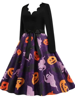 Online Retro Stage 1950s Halloween Pumpkin Ghost Petal Collar Dress Black