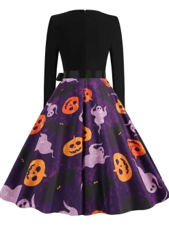 Online Retro Stage 1950s Halloween Pumpkin Ghost Petal Collar Dress Black