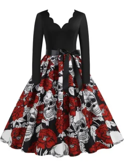 Best Retro Stage 1950s Halloween Roses Skull Petal Collar Dress Black