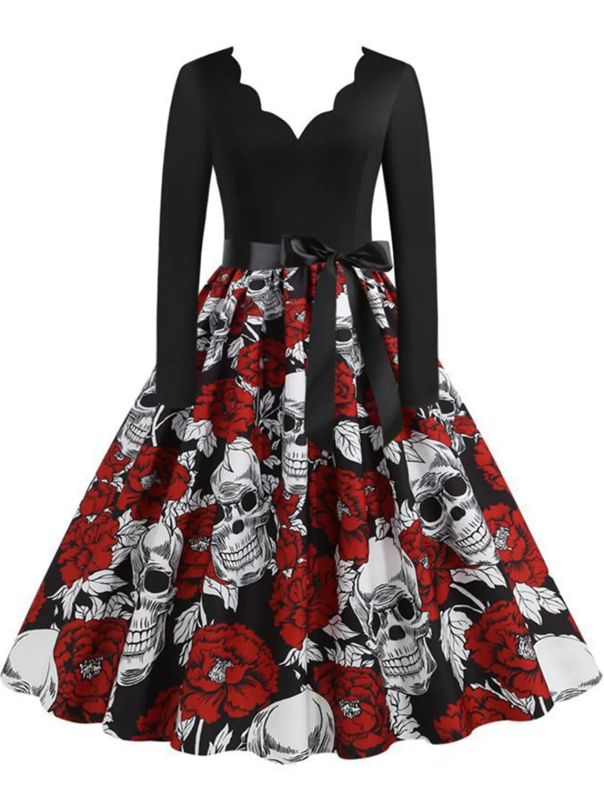 Best Retro Stage 1950s Halloween Roses Skull Petal Collar Dress Black